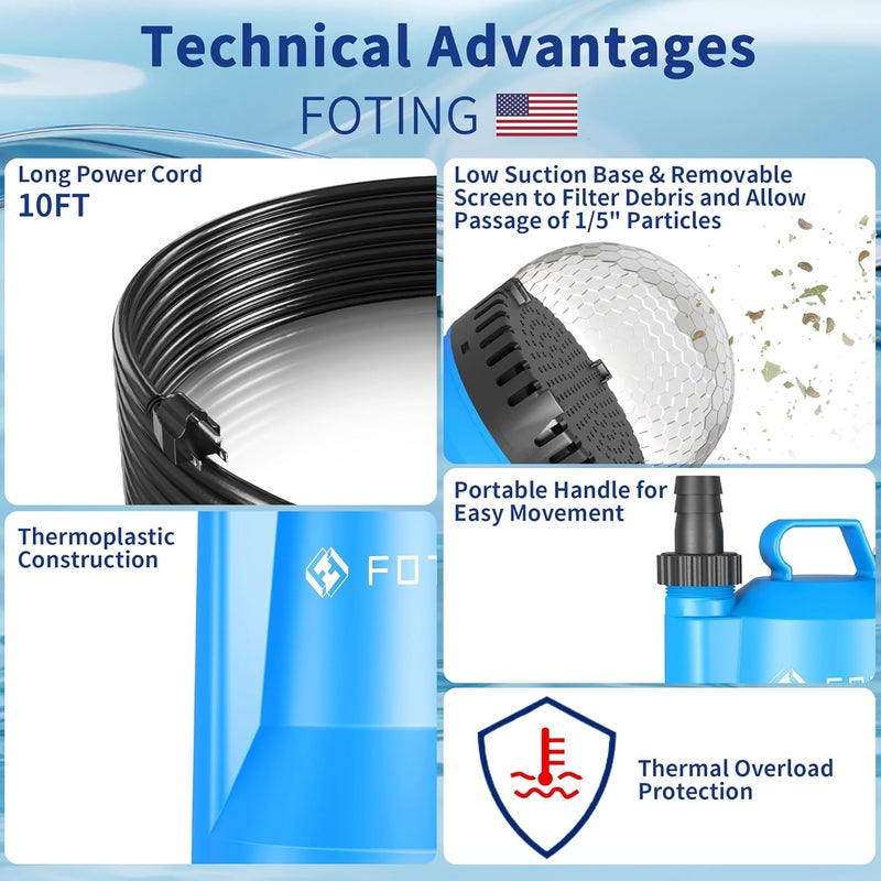 FOTING Sump Pump, High Flow Clean&Dirty Submersible Water Pump, Thermoplastic Electric Portable Utility Pump for Pool Draining Hot Tub Garden Basement, 1/4HP 1676GPH - Image 4